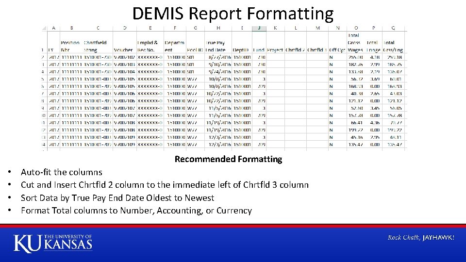 DEMIS Report Formatting Recommended Formatting • • Auto-fit the columns Cut and Insert Chrtfld