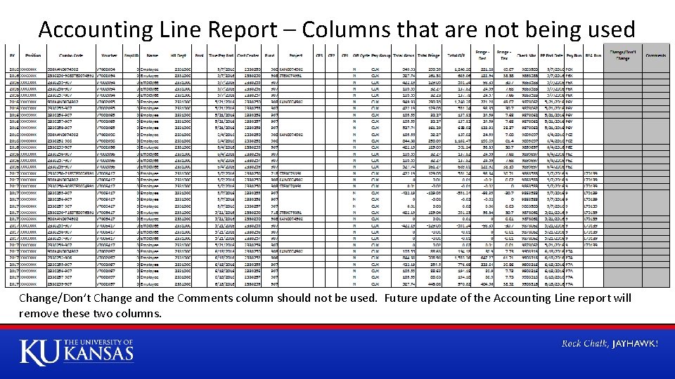 Accounting Line Report – Columns that are not being used Change/Don’t Change and the