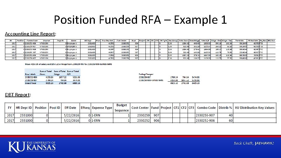 Position Funded RFA – Example 1 Accounting Line Report: DBT Report: 