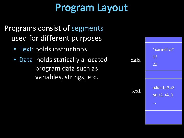 Program Layout Programs consist of segments used for different purposes • Text: holds instructions