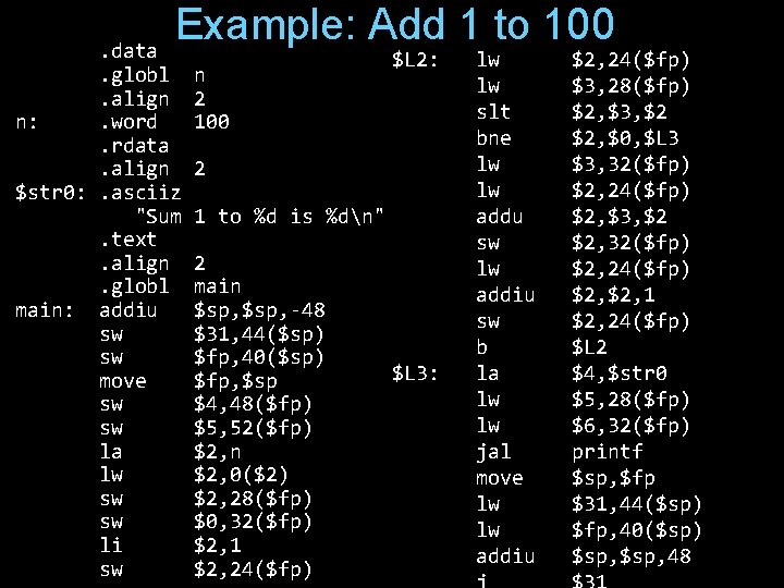 Example: Add 1 to 100 . data. globl. align n: . word. rdata. align