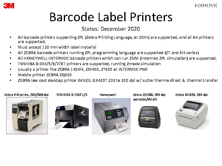 Barcode Label Printers Status: December 2020 • • All barcode printers supporting ZPL (Zebra