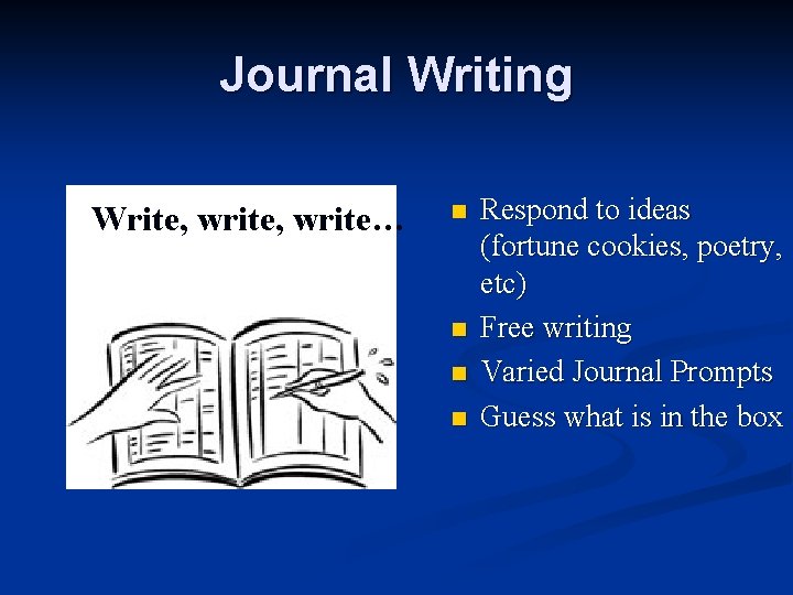 Journal Writing Write, write… n n Respond to ideas (fortune cookies, poetry, etc) Free