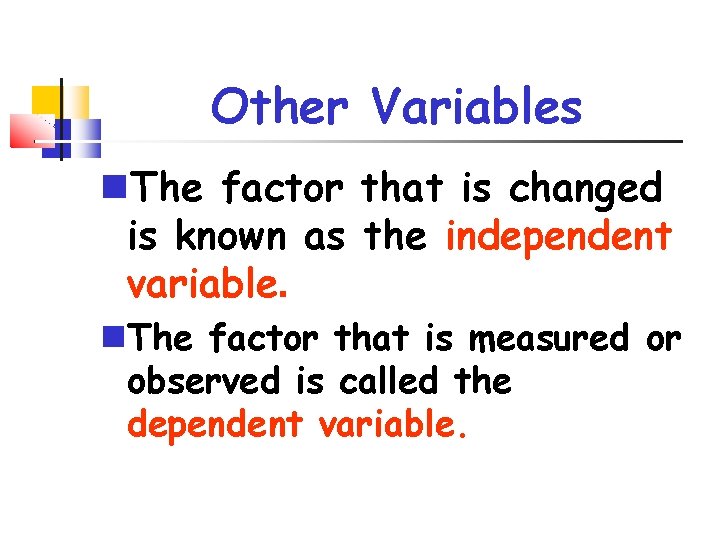 Other Variables The factor that is changed is known as the independent variable. The