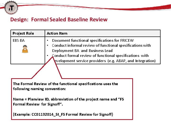 Design: Formal Sealed Baseline Review Project Role Action Item EBS BA • Document functional