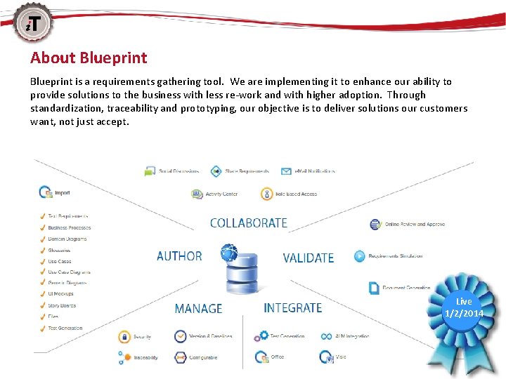 About Blueprint is a requirements gathering tool. We are implementing it to enhance our