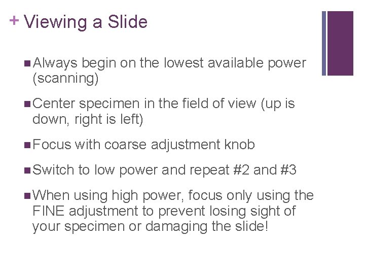 + Viewing a Slide n Always begin on the lowest available power (scanning) n