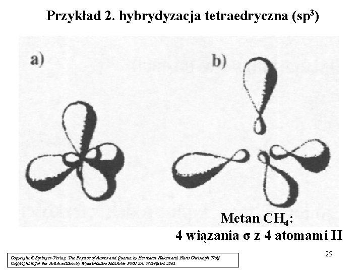 Przykład 2. hybrydyzacja tetraedryczna (sp 3) Metan CH 4: 4 wiązania σ z 4