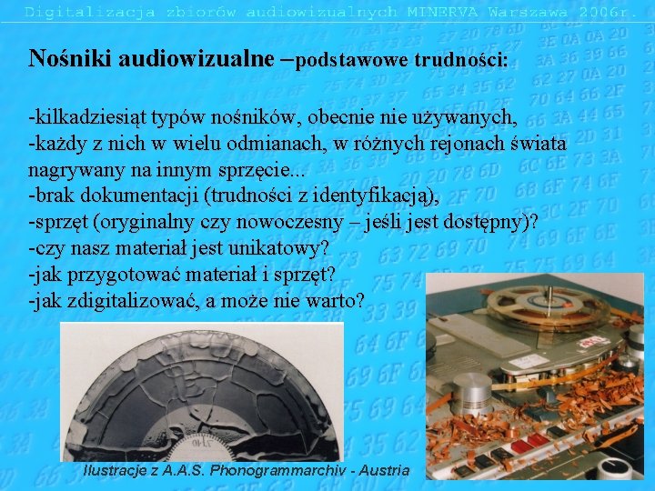 Nośniki audiowizualne –podstawowe trudności: -kilkadziesiąt typów nośników, obecnie używanych, -każdy z nich w wielu