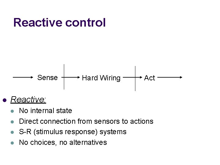 Reactive control Sense l Hard Wiring Act Reactive: l l No internal state Direct Reactive control Sense l Hard Wiring Act Reactive: l l No internal state Direct