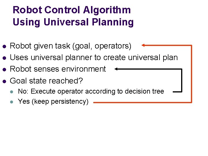 Robot Control Algorithm Using Universal Planning l l Robot given task (goal, operators) Uses Robot Control Algorithm Using Universal Planning l l Robot given task (goal, operators) Uses