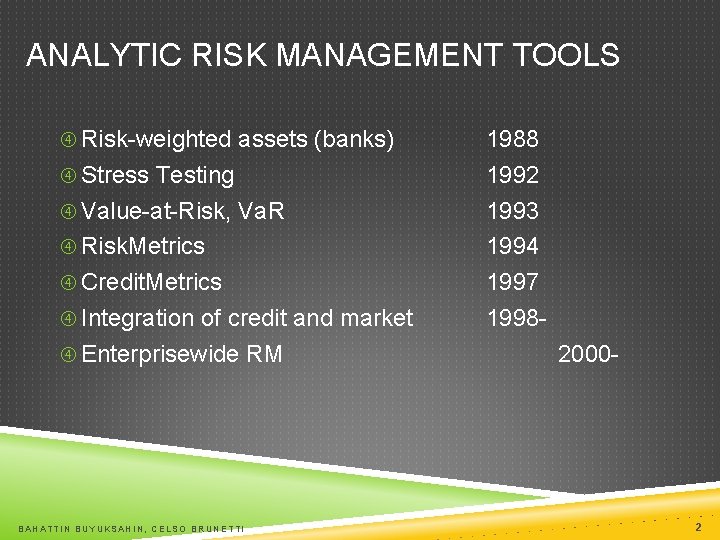 ANALYTIC RISK MANAGEMENT TOOLS Risk-weighted assets (banks) Stress Testing Value-at-Risk, Va. R Risk. Metrics