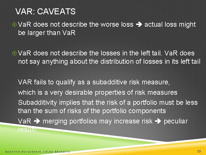 VAR: CAVEATS Va. R does not describe the worse loss actual loss might be