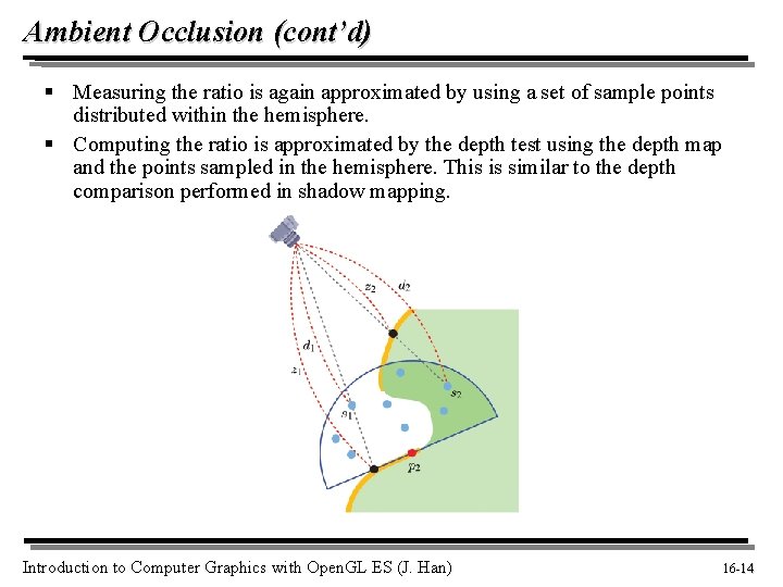 Ambient Occlusion (cont’d) § Measuring the ratio is again approximated by using a set