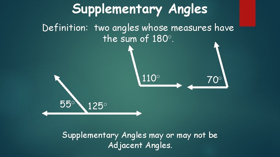 Supplementary Angles Definition: two angles whose measures have the sum of 180. 110 55