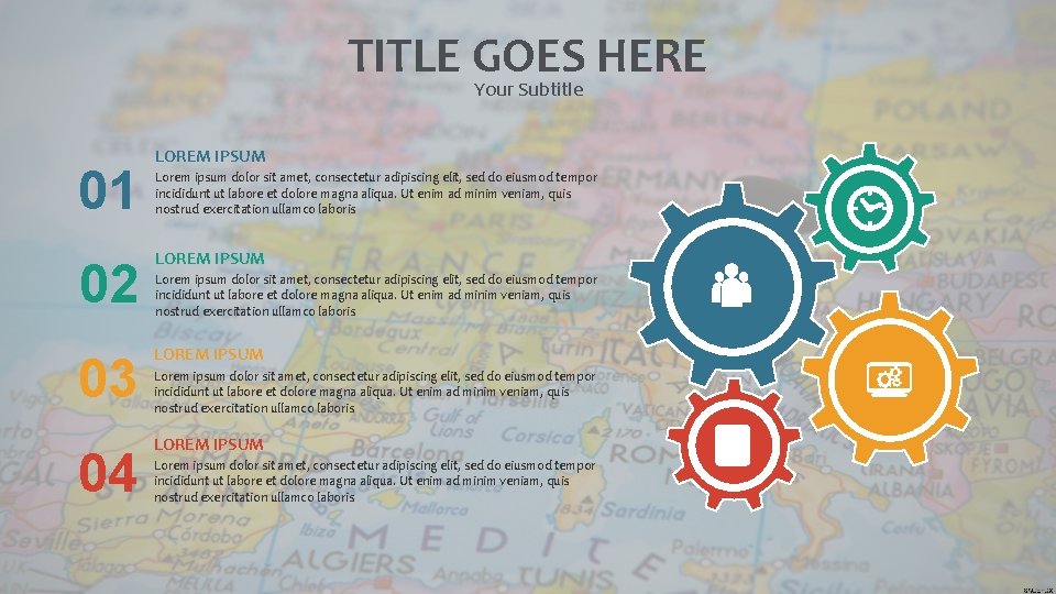 TITLE GOES HERE Your Subtitle 01 LOREM IPSUM Lorem ipsum dolor sit amet, consectetur