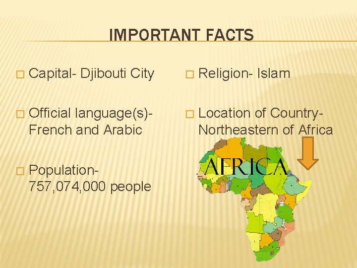 IMPORTANT FACTS � Capital- Djibouti City � Religion- Islam � Official language(s)French and Arabic