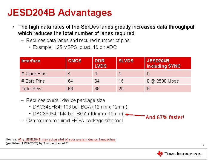 JESD 204 B Advantages • The high data rates of the Ser. Des lanes