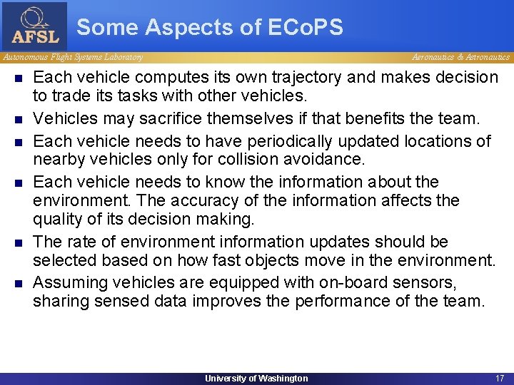Some Aspects of ECo. PS Autonomous Flight Systems Laboratory n n n Aeronautics &