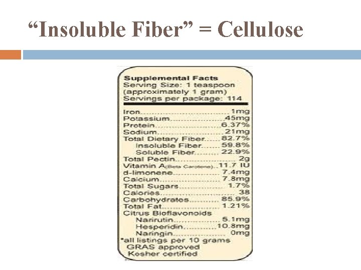 “Insoluble Fiber” = Cellulose 