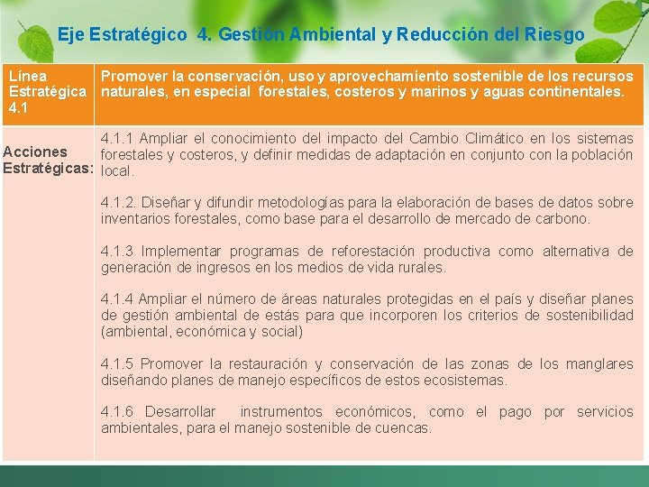 Eje Estratégico 4. Gestión Ambiental y Reducción del Riesgo Línea Promover la conservación, uso