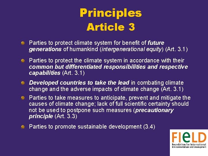 Principles Article 3 Parties to protect climate system for benefit of future generations of