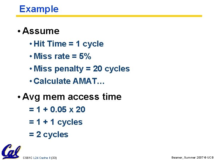Example • Assume • Hit Time = 1 cycle • Miss rate = 5%