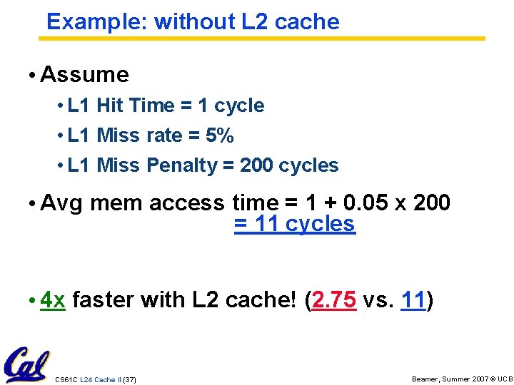 Example: without L 2 cache • Assume • L 1 Hit Time = 1