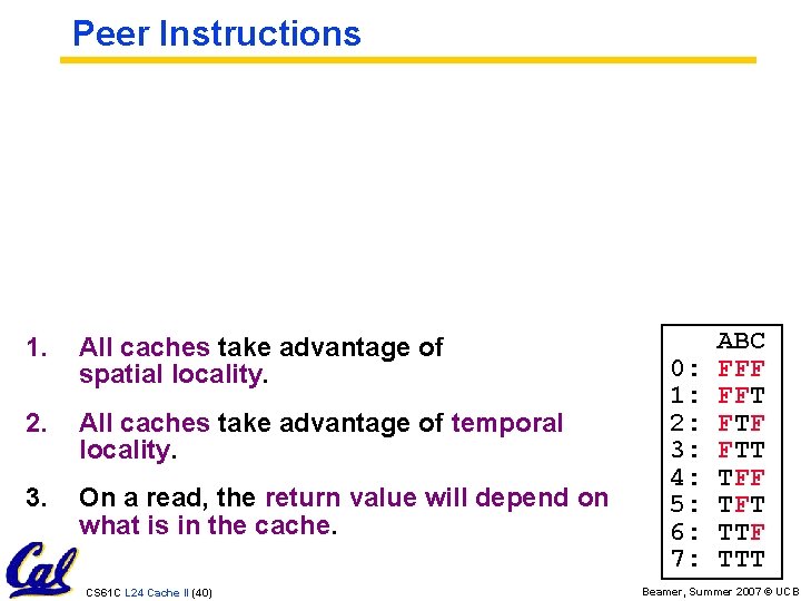 Peer Instructions 1. All caches take advantage of spatial locality. 2. All caches take