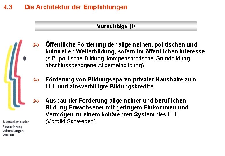 4. 3 Die Architektur der Empfehlungen Vorschläge (I) Öffentliche Förderung der allgemeinen, politischen und
