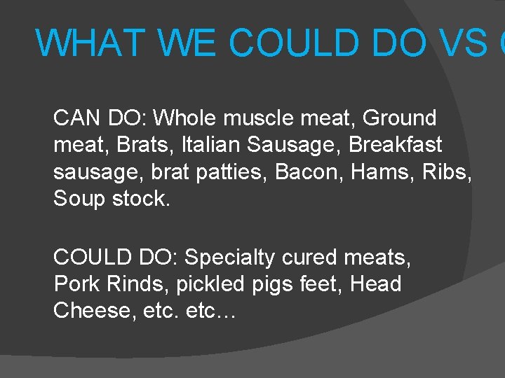 WHAT WE COULD DO VS C CAN DO: Whole muscle meat, Ground meat, Brats,