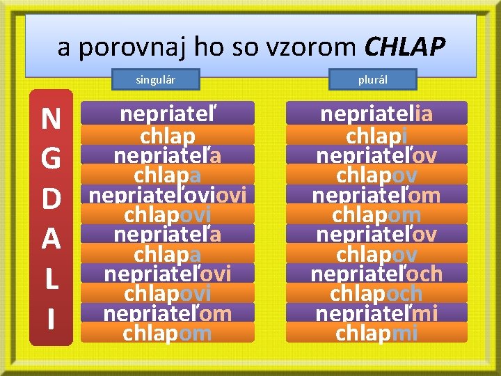 a porovnaj ho so vzorom CHLAP Vyskloňuj podstatné meno nepriateľ singulár N G D