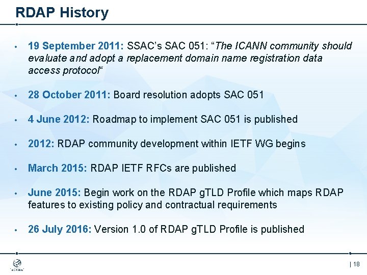 RDAP History • 19 September 2011: SSAC’s SAC 051: “The ICANN community should evaluate