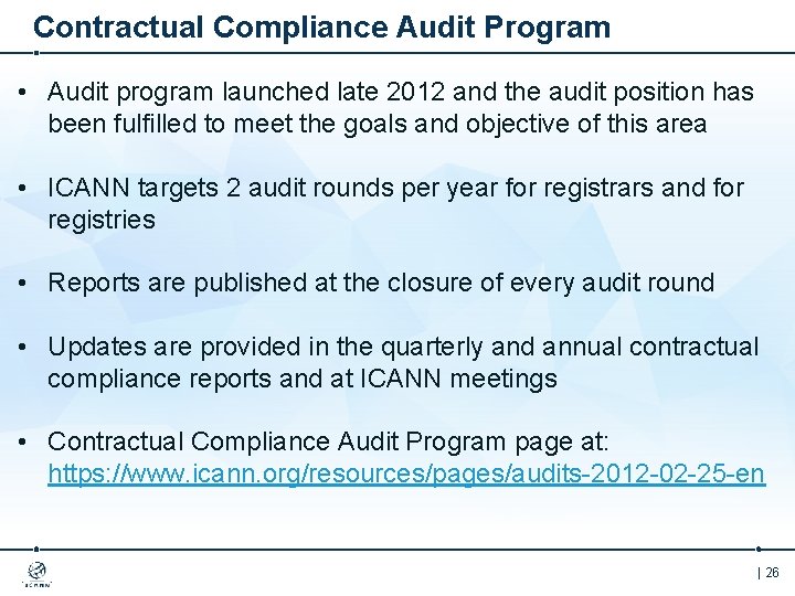 Contractual Compliance Audit Program • Audit program launched late 2012 and the audit position
