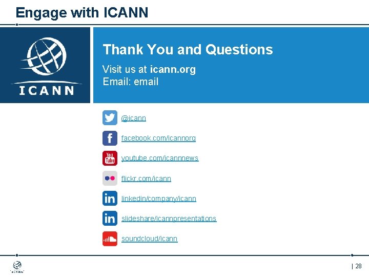 Engage with ICANN Thank You and Questions Visit us at icann. org Email: email