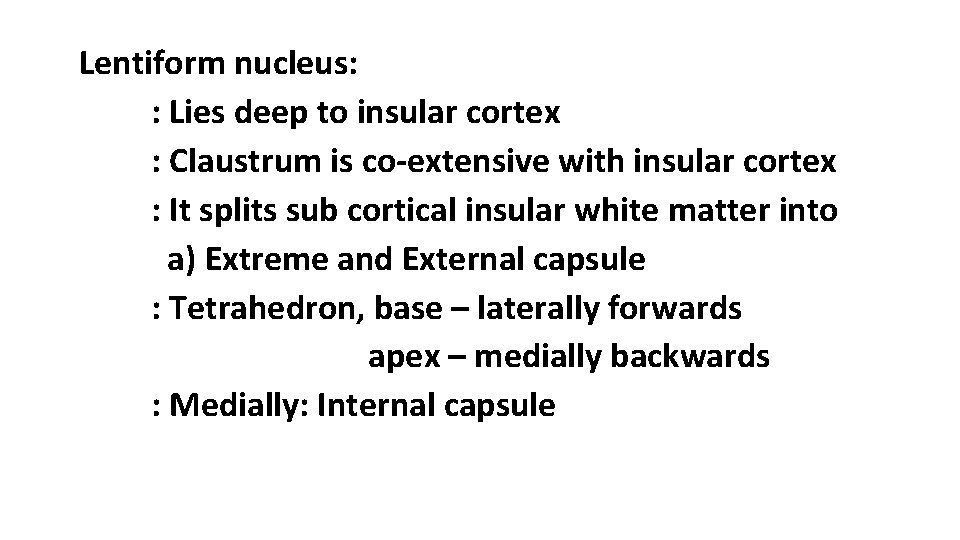 Lentiform nucleus: : Lies deep to insular cortex : Claustrum is co-extensive with insular