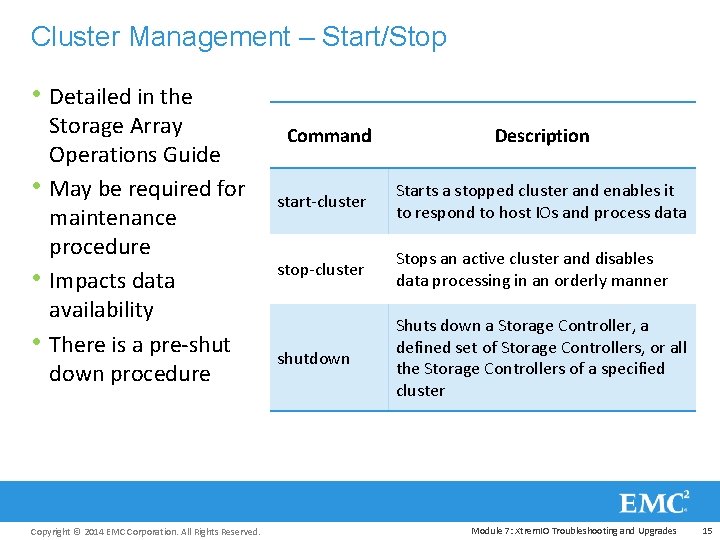 Cluster Management – Start/Stop • Detailed in the • • • Storage Array Operations