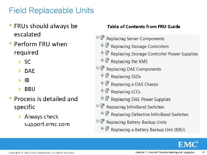 Field Replaceable Units • FRUs should always be • Table of Contents from FRU