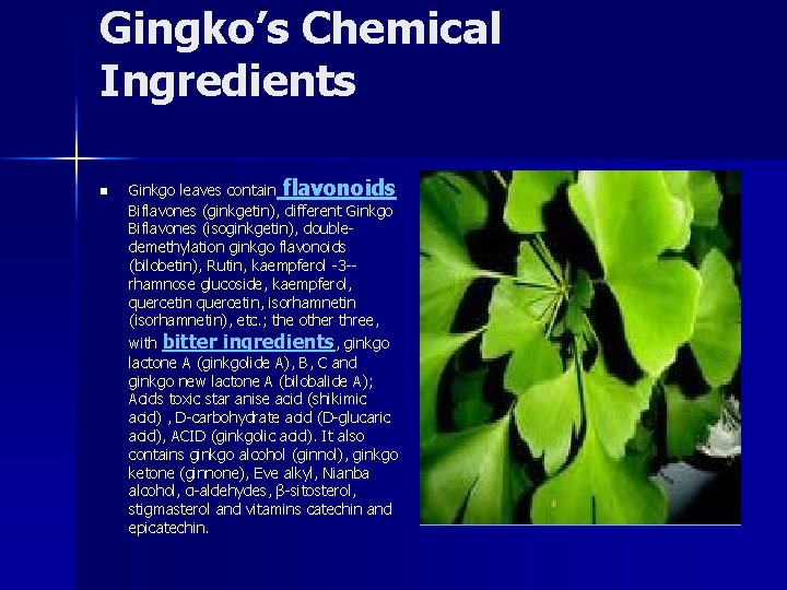 Gingko’s Chemical Ingredients n Ginkgo leaves contain flavonoids Biflavones (ginkgetin), different Ginkgo Biflavones (isoginkgetin),