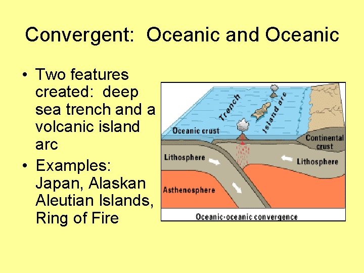 Convergent: Oceanic and Oceanic • Two features created: deep sea trench and a volcanic