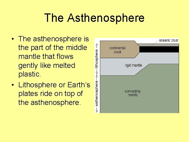 The Asthenosphere • The asthenosphere is the part of the middle mantle that flows