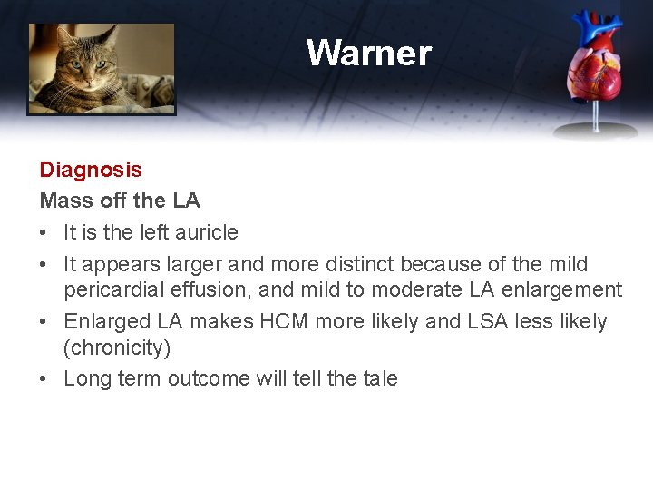Warner Diagnosis Mass off the LA • It is the left auricle • It