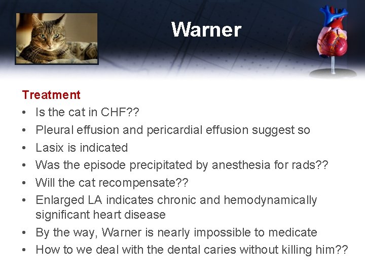 Warner Treatment • Is the cat in CHF? ? • Pleural effusion and pericardial