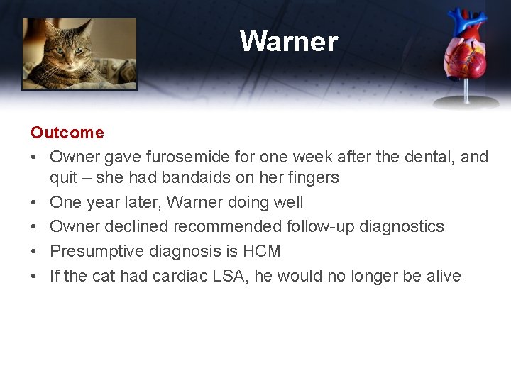 Warner Outcome • Owner gave furosemide for one week after the dental, and quit