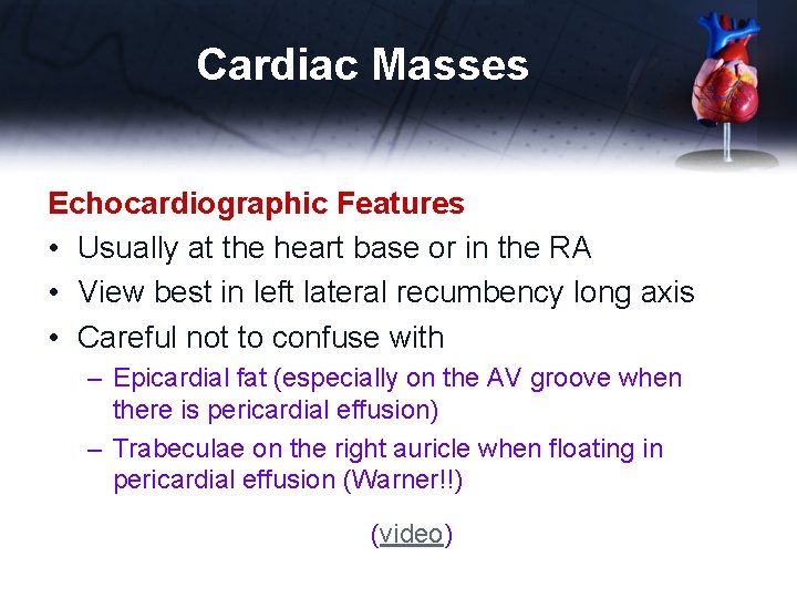 Cardiac Masses Echocardiographic Features • Usually at the heart base or in the RA