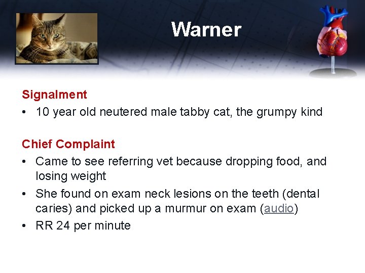 Warner Signalment • 10 year old neutered male tabby cat, the grumpy kind Chief