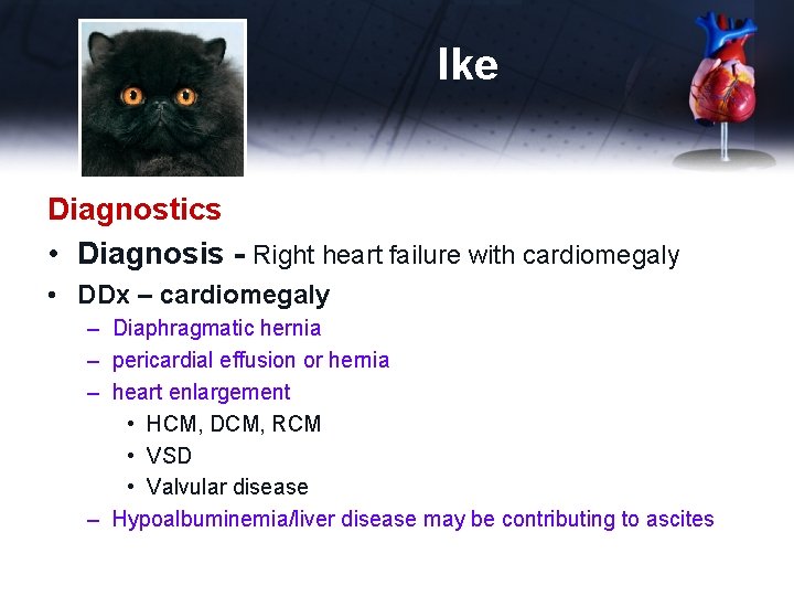 Ike Diagnostics • Diagnosis - Right heart failure with cardiomegaly • DDx – cardiomegaly