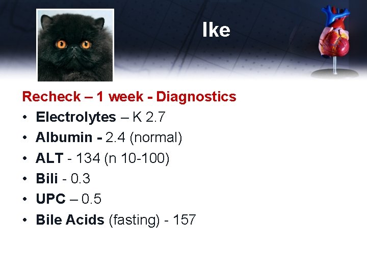 Ike Recheck – 1 week - Diagnostics • Electrolytes – K 2. 7 •