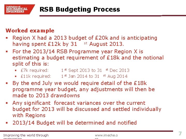 RSB Budgeting Process Worked example § Region X had a 2013 budget of £