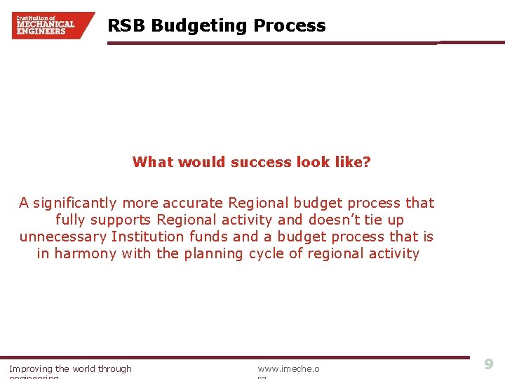RSB Budgeting Process What would success look like? A significantly more accurate Regional budget